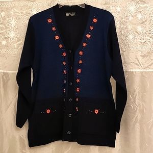 NWOT Navy Wool Embroidered Cardigan! Sparkles and Pockets! XL